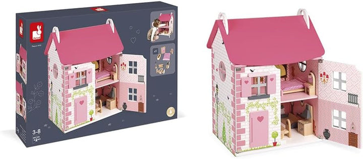 Janod - Casa de păpuși din lemn Mademoiselle, 3 etaje și cu 11 accesorii, replică de jucărie, dezvoltă imaginația, de la 3 ani, J06581, roz