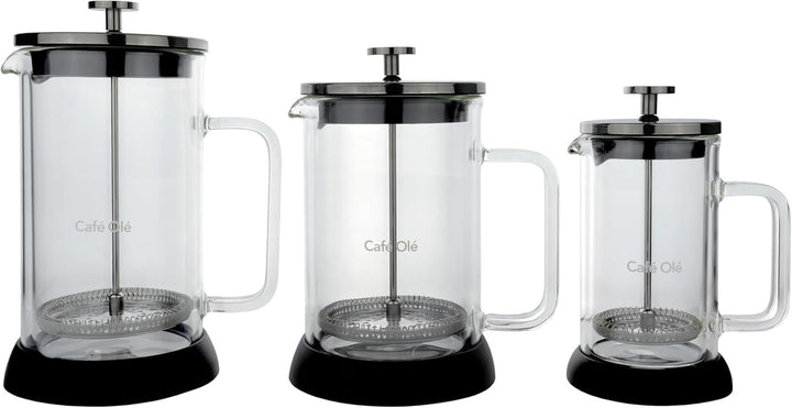 Cafetieră Café Olé Doppio din sticlă cu pereți dubli, presă franceză, bază de silicon antiderapantă, 8 cești espresso/1000 ml, negru