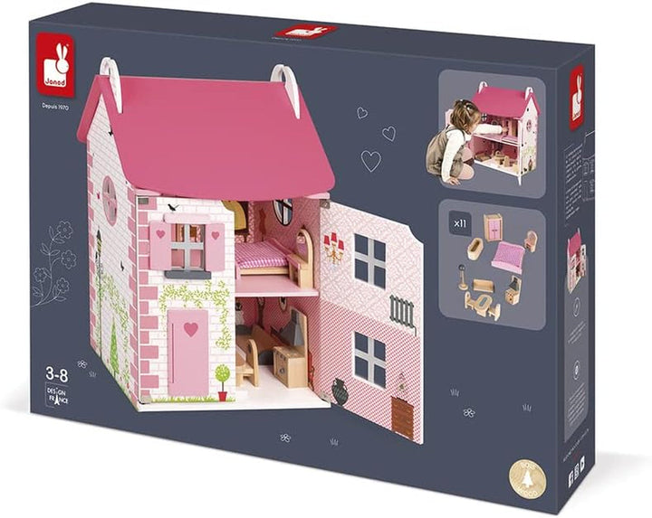 Janod - Casa de păpuși din lemn Mademoiselle, 3 etaje și cu 11 accesorii, replică de jucărie, dezvoltă imaginația, de la 3 ani, J06581, roz