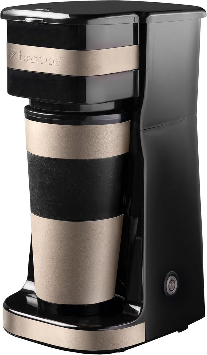 Aparat de cafea Bestron cu cană izolată, aparat de cafea de camping pentru cafea filtrată măcinată, aparat de cafea mic pentru 2 cești mari, 750 wați, culoare: cupru