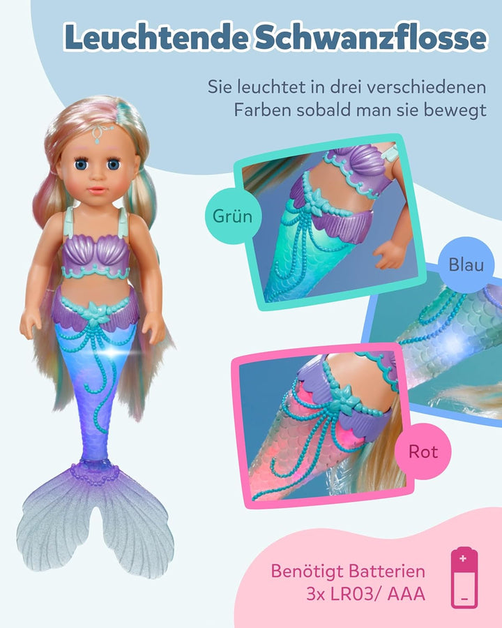 BABY Born Mermaid - Păpușă înaltă de 43 cm - Păr de înaltă calitate cu șuvițe colorate - Aripioară luminoasă - Funcționează cu baterii - Potrivit pentru copii de la 3 ani în sus, verde