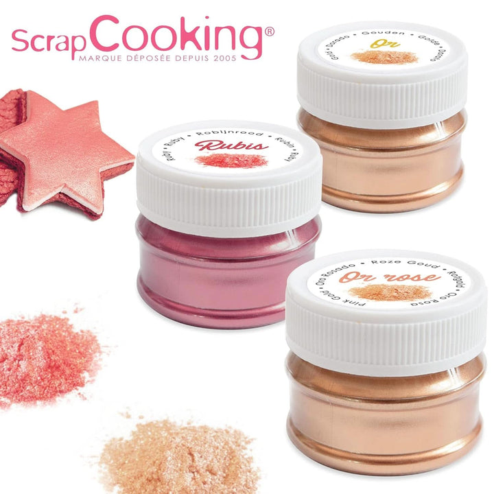 ScrapCooking, Set 3 coloranti alimentari, Auriu, Roz-Auriu si Ruby, nuante metalice, 3 x 5 grame