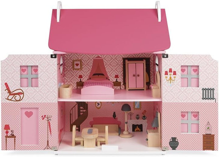 Janod - Casa de păpuși din lemn Mademoiselle, 3 etaje și cu 11 accesorii, replică de jucărie, dezvoltă imaginația, de la 3 ani, J06581, roz
