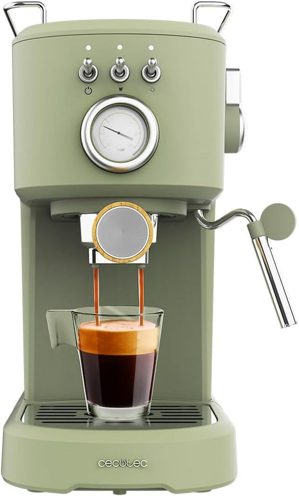 Espressoare Cecotec Compact Power Espresso 20 Retro Green 1100 W, 20 bar, sistem termoblock, abur pivotant, braț pentru filtru cu ieșire dublă și 2 filtre, 1,25 litri