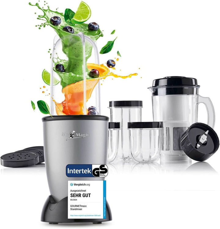 Gourmetmaxx Mr. Magic Mixer | Smoothie Maker Mit Xxl-Zubehörpaket | Standmixer 18-Tlg. | Blender Mit Auslaufsicheren Frischhaltedeckeln | Food Processor Für Shakes, Smoothies Etc.