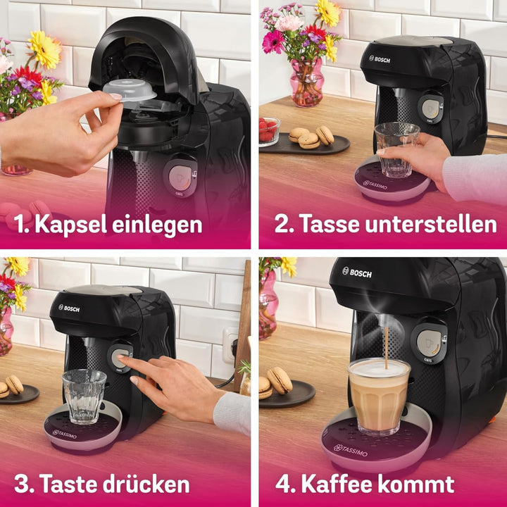Bosch Tassimo Happy Friendly mașină de capsule TAS109E, Peste 70 de băuturi, Potrivit pentru toate ceștile, Oprire automată, Durabil, Perfect dozat, Economisitor de spațiu, 1400 W, Negru/bej
