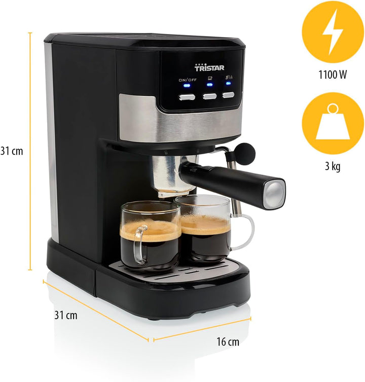 Aparat espresso Tristar | 2 cești în același timp | Potrivit pentru capsule Nespresso și cafea măcinată | Încălzitor de cești | Se poate spăla pe vase | 20 bar | 1100 W | CM-2278