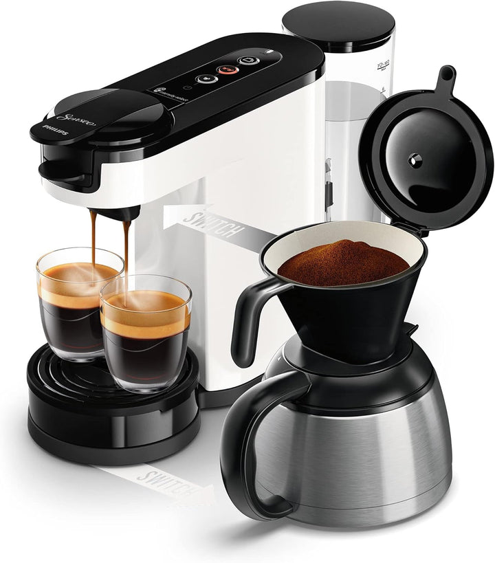 Cafetieră cu filtru și doze Philips Senseo Switch, tehnologie de preparare 2 în 1, recipient pentru apă de 1 litru, 7 cești dintr-o dată, negru pian (HD6592/64)