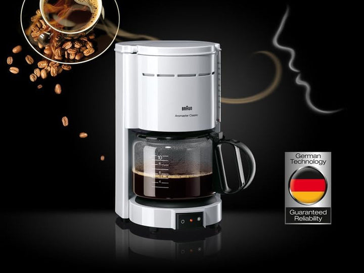 Cafetiera Braun KF 47 WH - Cafetieră cu filtru cu cană din sticlă pentru cafea clasică cu filtru, cafea aromată datorită sistemului Optibrew, oprire prin picurare, oprire automată, alb
