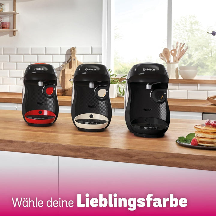 Bosch Tassimo Happy Friendly mașină de capsule TAS107E, Peste 70 de băuturi, Potrivit pentru toate ceștile, Oprire automată, Durabil, Perfect dozat, Economisitor de spațiu, 1400 W, Crem / negru