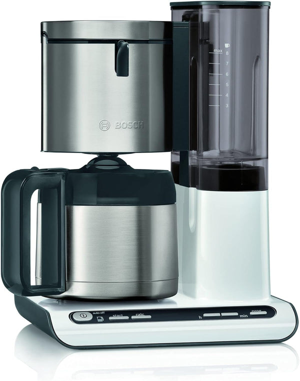 Bosch filtru de cafea Styline TKA8A681, senzor de aromă, cană termo din oțel inoxidabil 1,1 L, pentru 8-12 cești, oprire automată, sistem de detartrare, opritor de picurare, rezervor de apă detașabil (1 L), 1100 W, alb