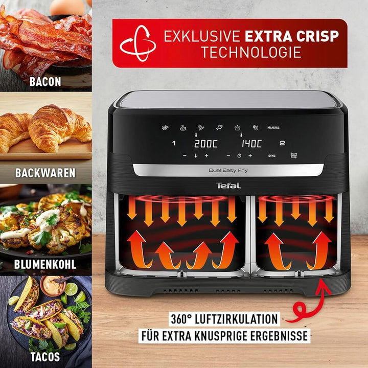 Tefal Dual Easy Fry Heißluftfritteuse Doppelkammer, 5,2/3,1 L Fassungsvermögen, Zwei Unabhängige Schubladen, 7 Programme, Energiesparender Airfryer, Schwarz, EY9018