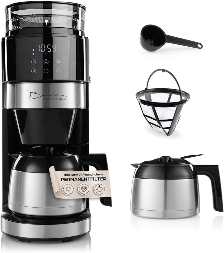 Cafetiera cu filtru Barista cu râșniță reglabilă și cană termo | funcție de menținere la cald, cronometru 24H și filtru permanent | pentru 10 cești de cafea | cafetieră pentru boabe și pudră [oțel inoxidabil]