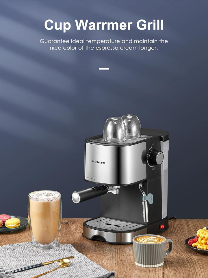 Mașină de espresso VINATO, mașină de espresso și cappuccino de 15 bari cu funcție de încălzire rapidă, mașină de cafea cu funcție de spumare a laptelui și baghetă de abur, suport pentru filtru cu ieșire dublă și 2 filtre