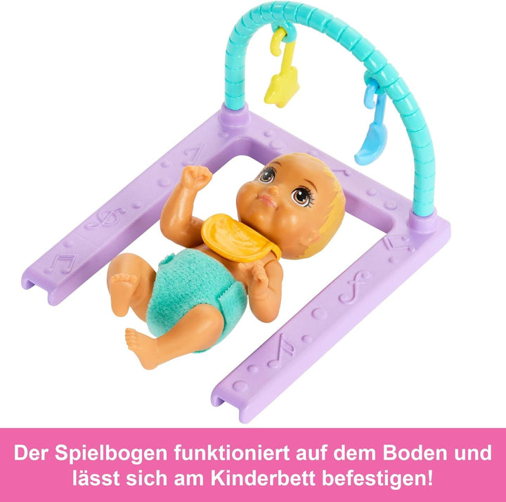 Păpușă Barbie Skipper și creșă cu accesorii, include păpuși gemene, 1 pătuț, 1 leagăn, 1 balansoar și multe altele, HXM99
