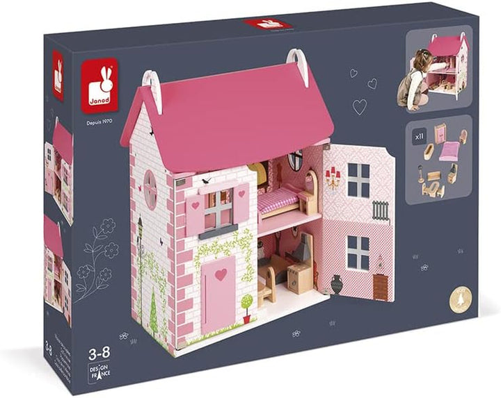 Janod - Casa de păpuși din lemn Mademoiselle, 3 etaje și cu 11 accesorii, replică de jucărie, dezvoltă imaginația, de la 3 ani, J06581, roz