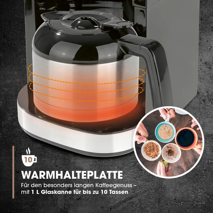 Cafetiera cu filtru Barista cu râșniță reglabilă și cană termo | funcție de menținere la cald, cronometru 24H și filtru permanent | pentru 10 cești de cafea | cafetieră pentru boabe și pudră [oțel inoxidabil]