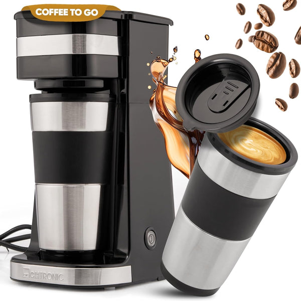 Cafetieră Clatronic | Cafea pentru pachet cană 400 ml | Pentru toate suporturile obișnuite pentru băuturi (de ex. mașină) | Cafetieră cu filtru | Filtru permanent din nailon | Cană din oțel inoxidabil cu capac aromatizat | KA 3733