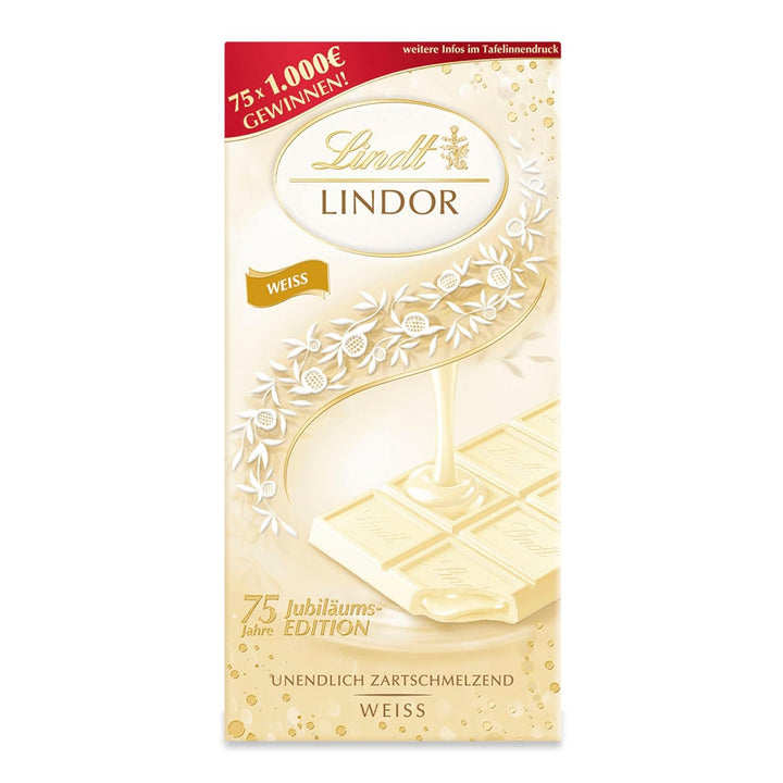 Lindt Schokolade LINDOR Weiß | 100G Tafel | Weiße Schokolade Mit Einer Unendlich Zartschmelzenden Füllung | Schokoladentafel | Schokoladengeschenk | LINDOR 75 Jahre Jubiläums Edition