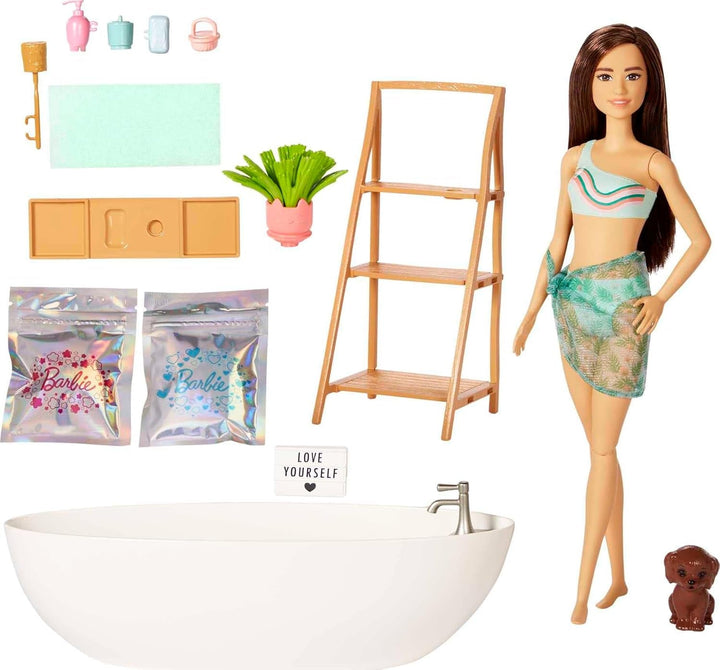 Barbie Self-Care Series, Confetti Bath, păpușă Barbie cu păr blond, costum de baie, cățeluș, 2 pachete de săpun Confetti, accesorii Barbie, 1X păpușă Barbie inclusă, potrivită ca un cadou, Hkt92