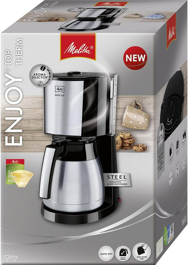 Melitta Enjoy Top Therm - Cafetieră cu cană termo din oțel inoxidabil, filtru de cafea cu opritor de picurare, pentru până la 10 cești de cafea, oțel inoxidabil / negru