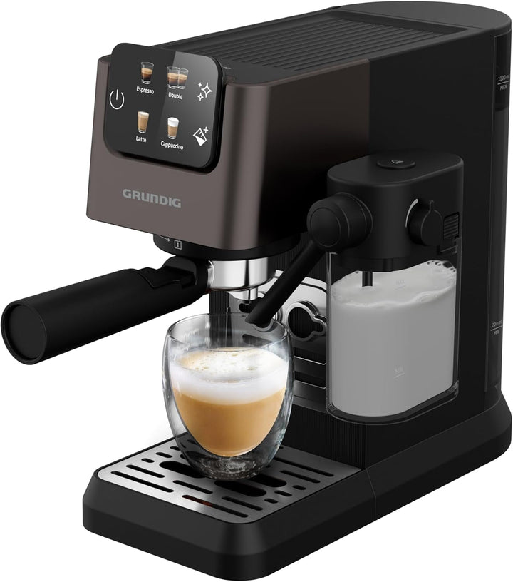 GRUNDIG KSM 5330 Mașină de fasole cu sită Cu recipient integrat pentru lapte, putere 1628 W, presiune pompă 15 bar, duză dublă, afișaj tactil color, Brewsense, Creamypro, Inox închis / negru