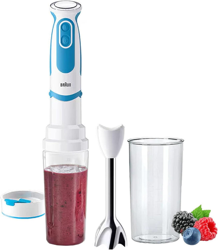 Braun Stabmixer MQ 5252 - Multiquick 5 Vario Fit Pürierstab Mit Edelstahl Mixfuß Und Blend & Go Aufsatz Für Smoothies Für Unterwegs, 750-1000 Watt, Schwarz/Blau