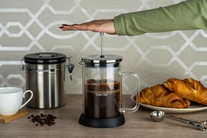 Cafetieră Café Olé Doppio din sticlă cu pereți dubli, presă franceză, bază de silicon antiderapantă, 8 cești espresso/1000 ml, negru