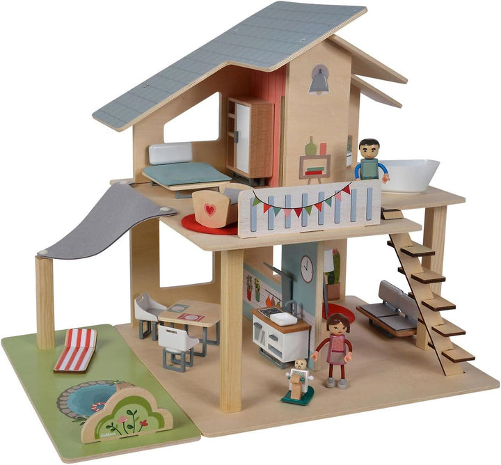 Eichhorn - Casă de păpuși cu accesorii - Incl. mobilier și 3 figurine, Neasamblat, Fabricat din lemn, 25 de piese, 53X36X44 cm mare, De la TREI ani