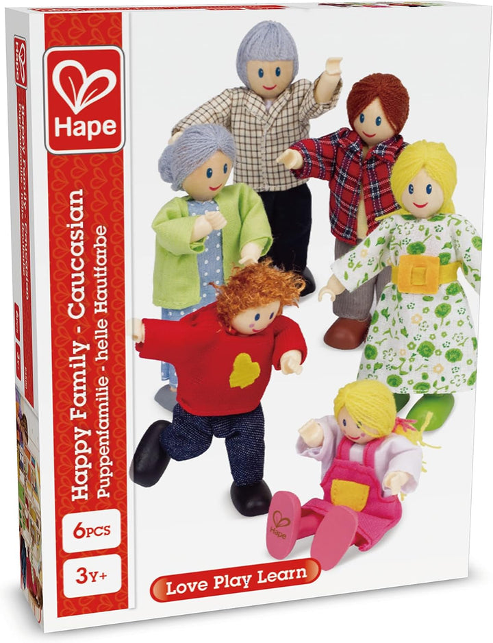 Familie de păpuși Hape Set de familie de păpuși premiat, accesoriu unic pentru case de păpuși din lemn, joc fantastic, 6 membri ai familiei de păpuși
