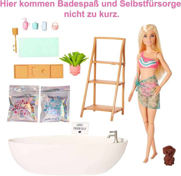 Barbie Self-Care Series, Confetti Bath, păpușă Barbie cu păr blond, costum de baie, cățeluș, 2 pachete de săpun Confetti, accesorii Barbie, 1X păpușă Barbie inclusă, potrivită ca un cadou, Hkt92