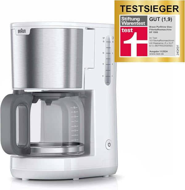 Cafetiera Braun Purshine KF 1500 WH - Cafetieră cu filtru și ulcior din sticlă pentru până la 10 cești, sistem Optibrew, oprire automată, 1000 Watt, alb, KF1500WH