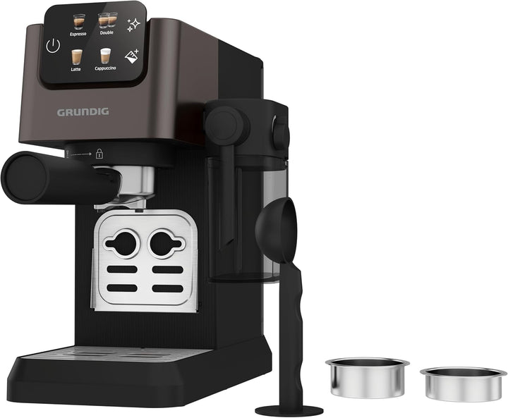 GRUNDIG KSM 5330 Mașină de fasole cu sită Cu recipient integrat pentru lapte, putere 1628 W, presiune pompă 15 bar, duză dublă, afișaj tactil color, Brewsense, Creamypro, Inox închis / negru