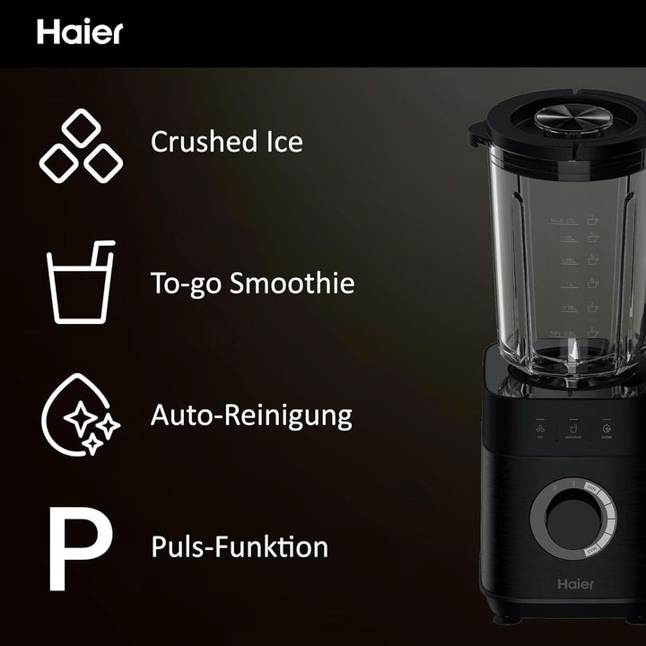 Haier Mixer Mit Ice-Crush-Funktion & Smoothie Maker, 1200W I Standmixer Mit 1,7L Glasbehälter & 0,6L To-Go-Flasche I Selbstreinigungsfunktion, Spülmaschinenfest & 5 Geschwindigkeiten [Serie 5-HBL5B2]