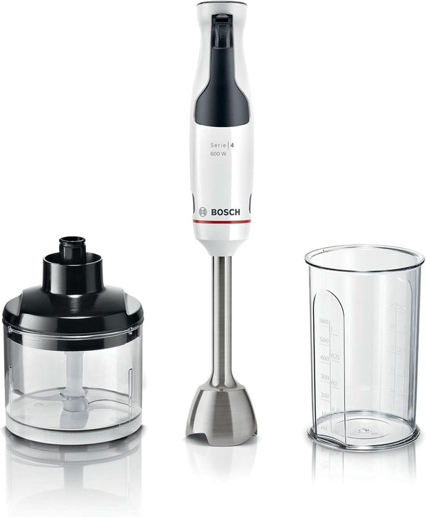 Bosch Stabmixer Ergomaster Serie 4 MSM4W220, Zerkleinerer, Einhändig Bedienbar, Edelstahl-Klingen, Verschleißfreie Keramik-Kupplung, Mixbecher, Quattroblade, Antisplash, Einschaltsperre, 600 W, Weiß