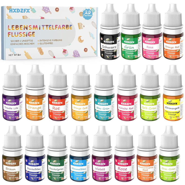 Lebensmittelfarbe – 20 Farben Hochkonzentriert Lebensmittelfarbe Flüssige Zum Tortendeko, Backen, Ostereierfarbe, Macaron, Fondant, Lebensmittel Farben Set Für Kochen, Airbrush, DIY Seifen - 6Ml