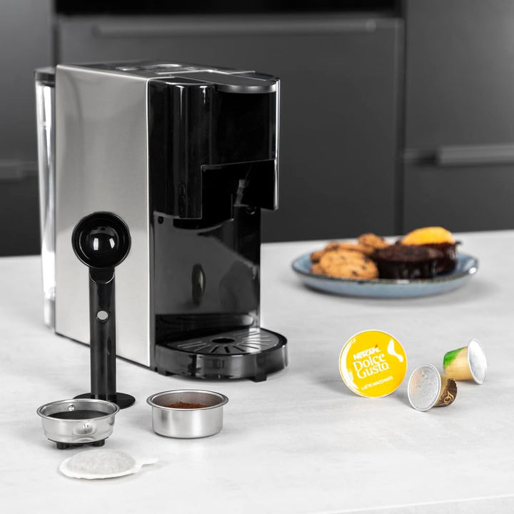 Princess filtru de cafea multi-capsulă 4 în 1 - 1450 Watt, capsule, doze, cafea măcinată, fără Bpa, 249450, 01.249450.01.001, negru, argintiu