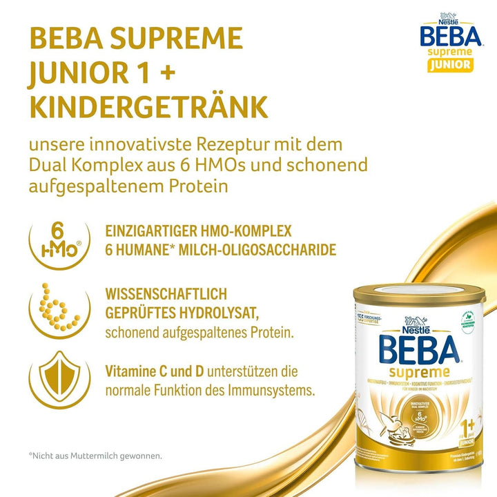 BEBA SUPREME Junior 1+ Kindergetränk Ab Dem 1. Geburtstag, Babynahrung Mit 6 HMO Komplex, Nur Laktose, Ohne Palmöl, 6Er Pack (6 X 800G)