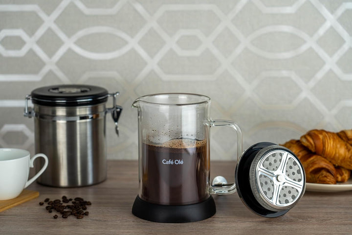 Cafetieră Café Olé Doppio din sticlă cu pereți dubli, presă franceză, bază de silicon antiderapantă, 8 cești espresso/1000 ml, negru