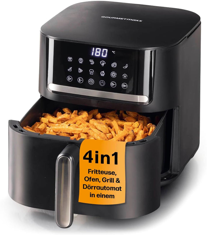 Gourmetmaxx Digitale Heißluftfritteuse XXL - 9L Ofen | Airfryer Mit Timerfunktion, Touchdisplay, Drehspieß, Schaschlikspießen | Fettarm, Energiesparend Frittieren | 8 Programme, 1800 W