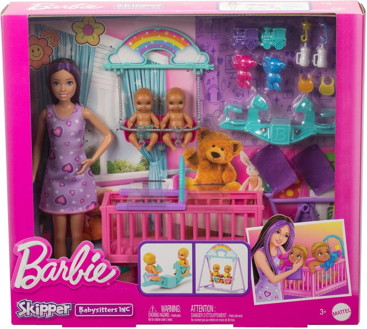 Păpușă Barbie Skipper și creșă cu accesorii, include păpuși gemene, 1 pătuț, 1 leagăn, 1 balansoar și multe altele, HXM99