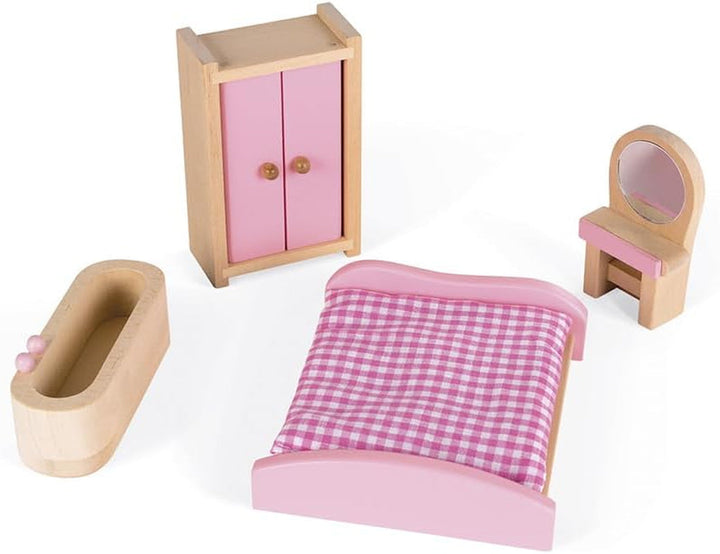 Janod - Casa de păpuși din lemn Mademoiselle, 3 etaje și cu 11 accesorii, replică de jucărie, dezvoltă imaginația, de la 3 ani, J06581, roz