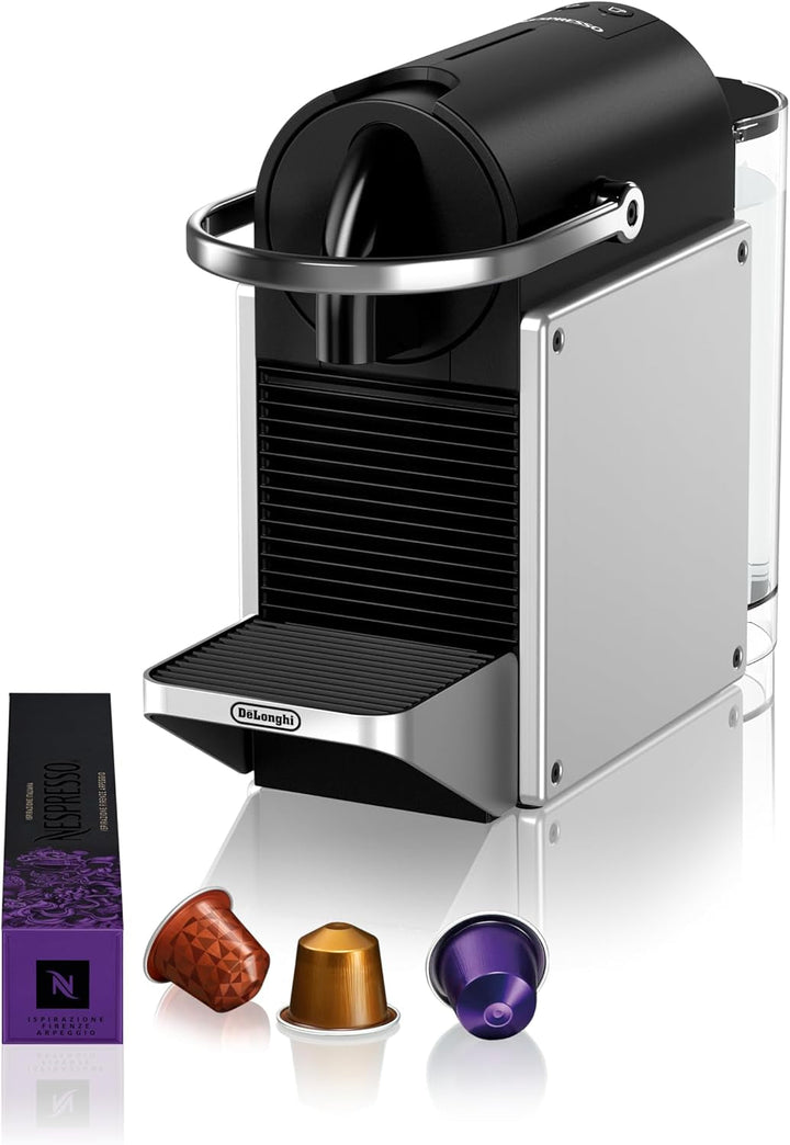 Aparat de cafea cu capsule Nespresso De'Longhi Pixie EN127.S, două butoane de selecție directă, mod eco, design compact, sistem de presiune de 19 bar, 1260W, argintiu/negru
