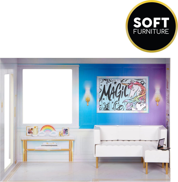 Rainbow High Townhouse - Casă de păpuși din lemn cu 3 etaje cu 5 camere colorate și terasă - Casă complet mobilată cu lift și accesorii funcționale - Jucărie pentru copii de la 4 la 12+ ani