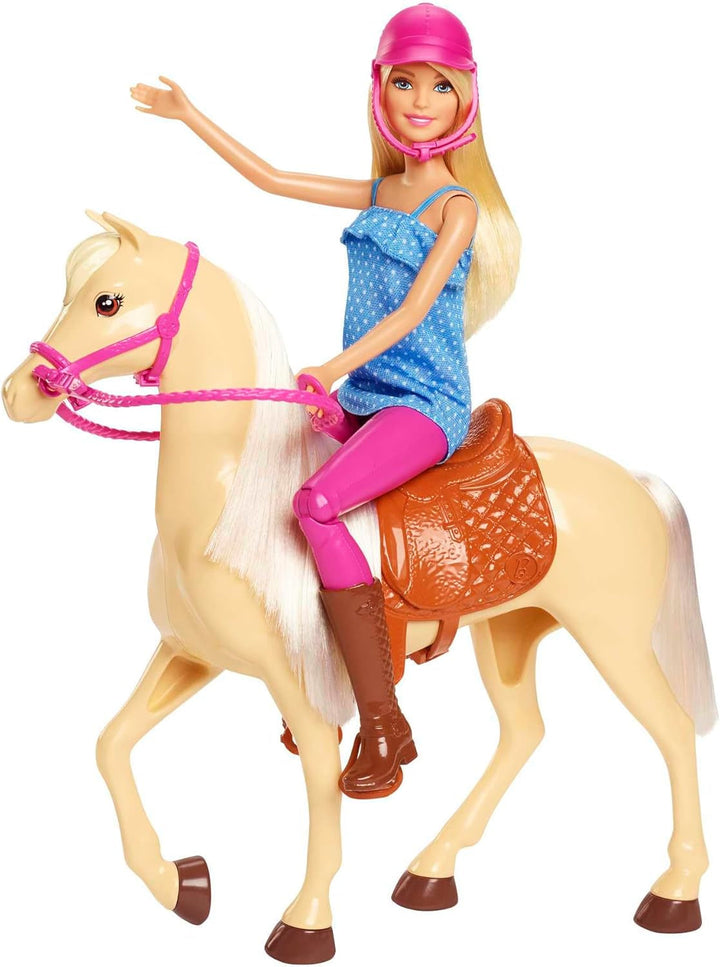 Păpușă Barbie și cal de jucărie, accesoriu de călărie Barbie, 1 păpușă Barbie și 1 cal incluse, potrivite ca un cadou pentru copii de la 3 ani în sus, FXH13