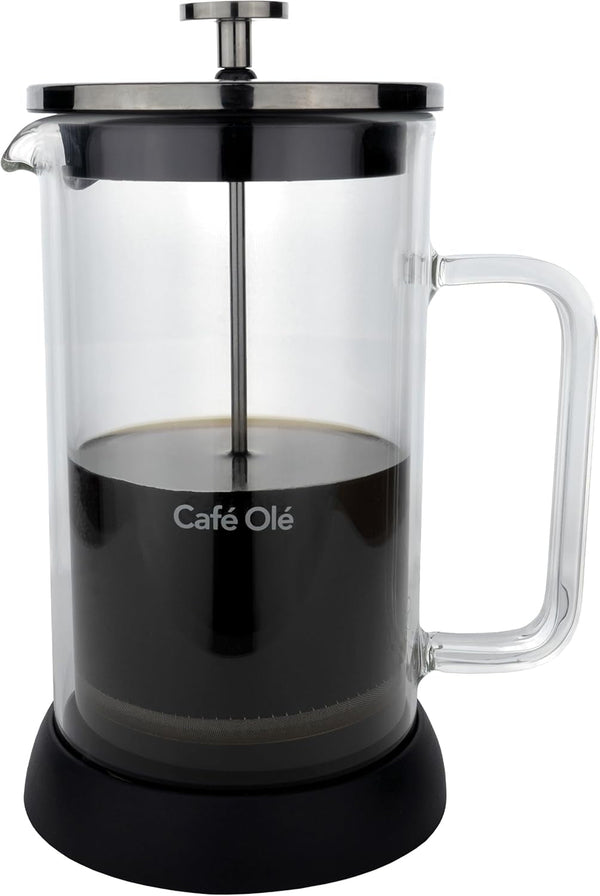 Cafetieră Café Olé Doppio din sticlă cu pereți dubli, presă franceză, bază de silicon antiderapantă, 8 cești espresso/1000 ml, negru