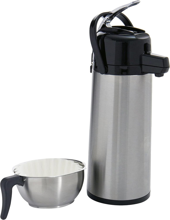 Cafetieră termo cu filtru cu coș și termos Cafetieră industrială cu pompă (2,2 litri, aprox. 10 cești de cafea, funcție de preparare și menținere la cald), argintiu