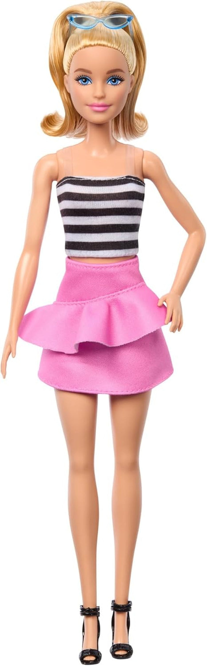 Păpușa Barbie Fashionistas nr. 213, blondă cu top în dungi, fustă roz și ochelari de soare, păpușă de modă de colecționat cu ocazia celei de-a 65-a aniversări, HRH11