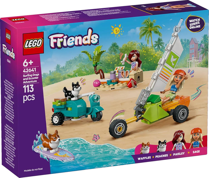 LEGO Friends Beach Adventure cu câini, jucărie de construcție pentru fete de la 6 ani, set de joacă pentru animale cu 2 minifigurine și 2 figuri Corgi, cadou pentru copii creativi, set de construcție de aventură cu placă de surf 42641