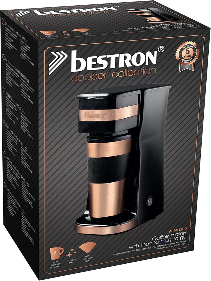 Aparat de cafea Bestron cu cană izolată, aparat de cafea de camping pentru cafea filtrată măcinată, aparat de cafea mic pentru 2 cești mari, 750 wați, culoare: cupru